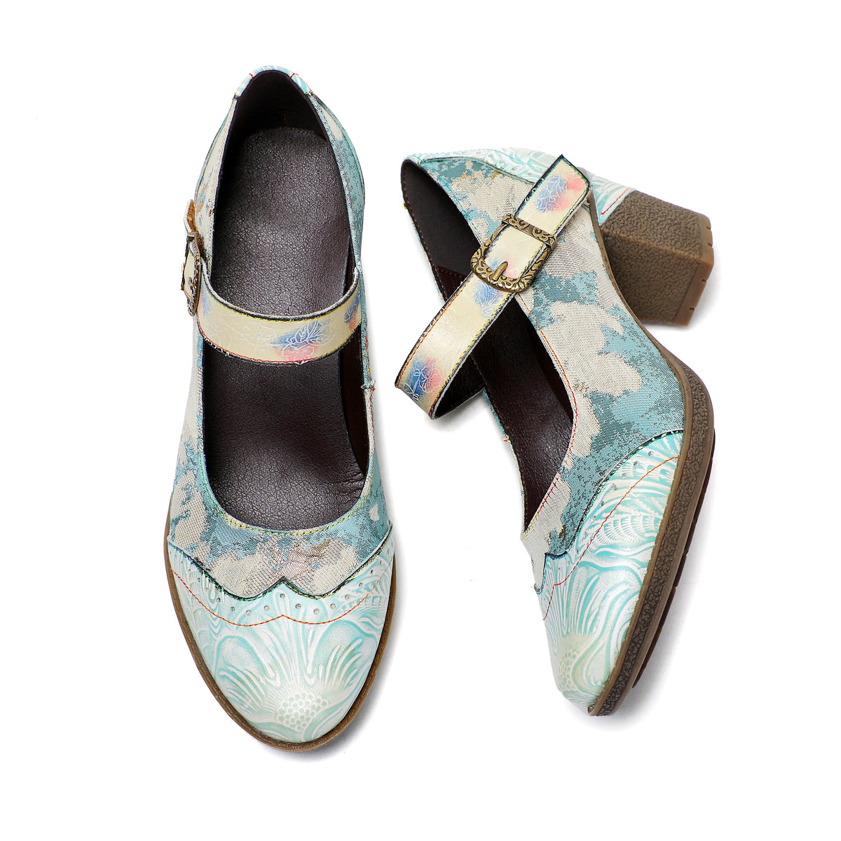 Lady's Heels Handmade Shoes Wedding Party Elegant Vintage Leather Buckle Light Blue Pumps