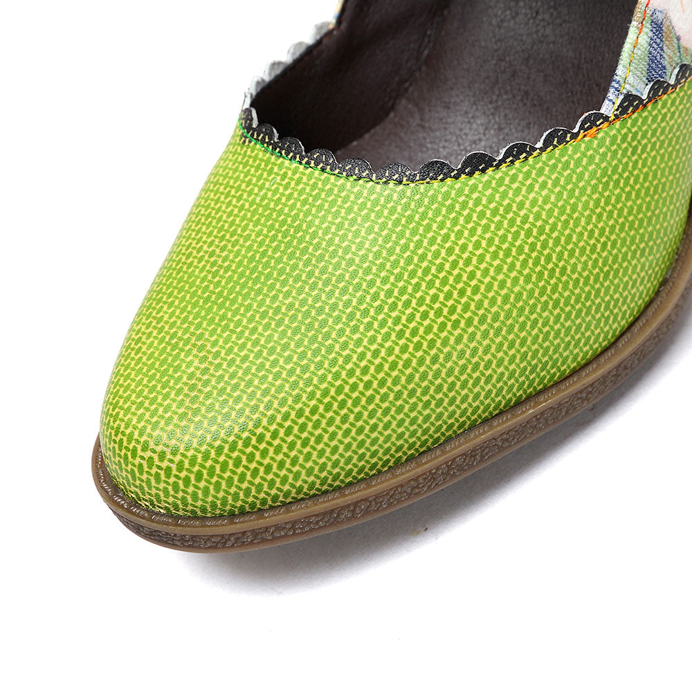 Women's Spring Heels Dress Shoes Party Round Toe Elegant Cowhide Loafer Green Pumps