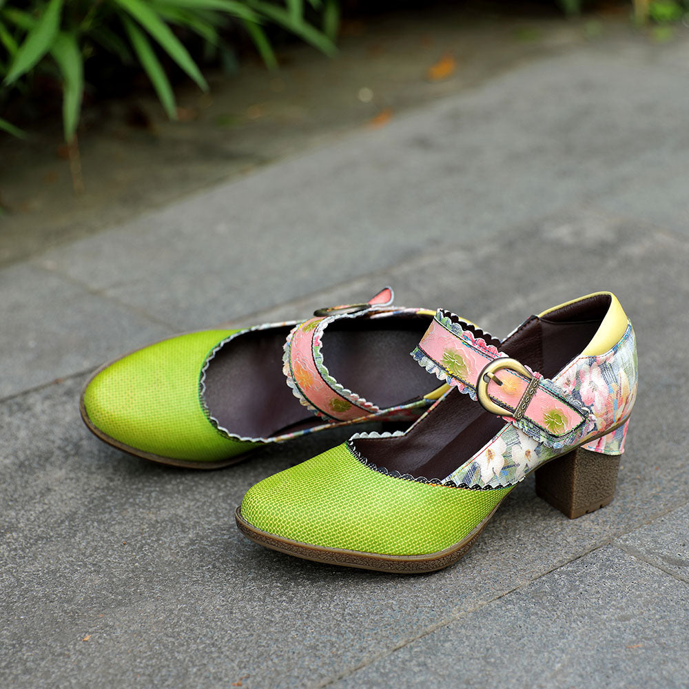 Women's Spring Heels Dress Shoes Party Round Toe Elegant Cowhide Loafer Green Pumps