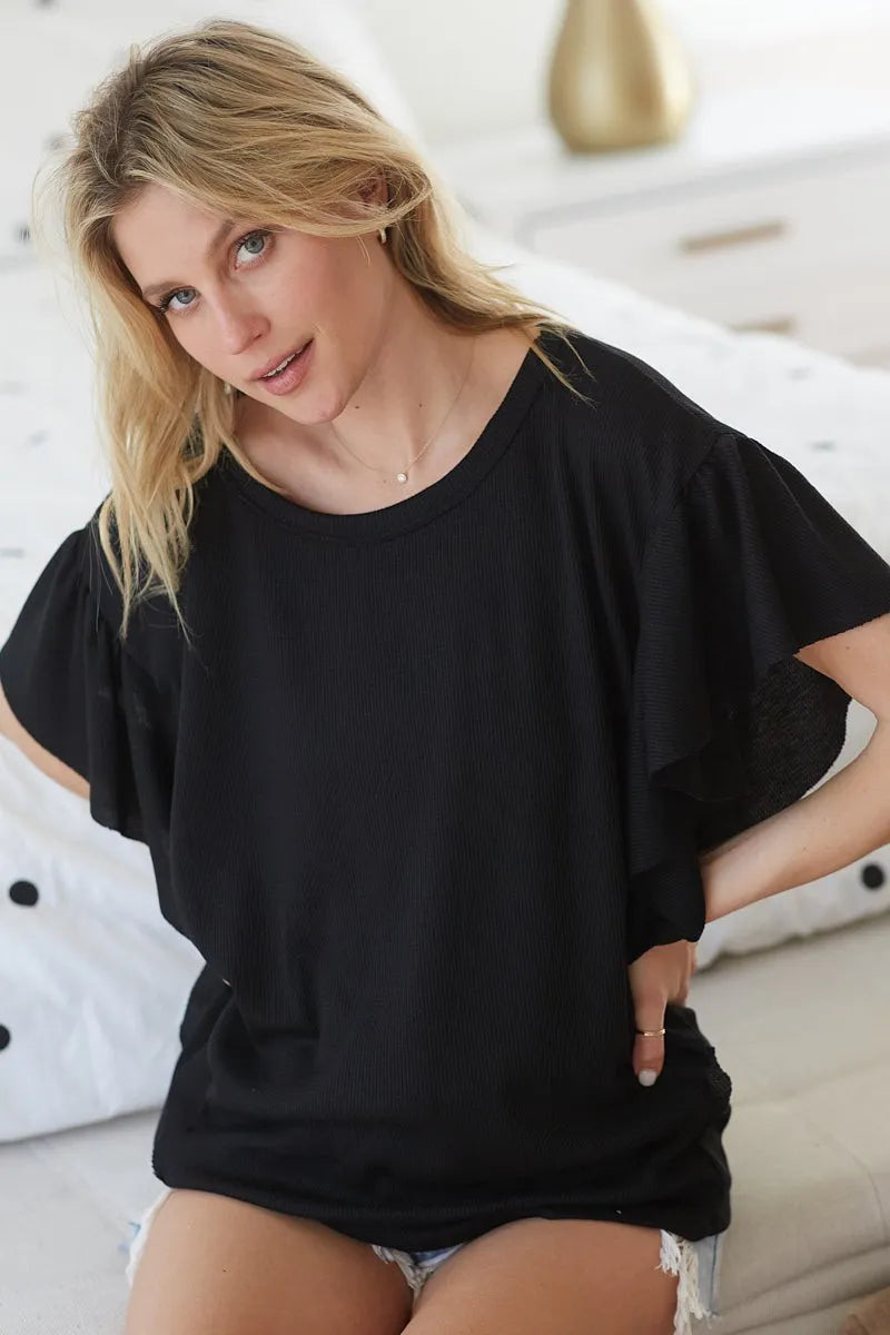 BiBi Thermal Knit with Ruffled Sleeve Top