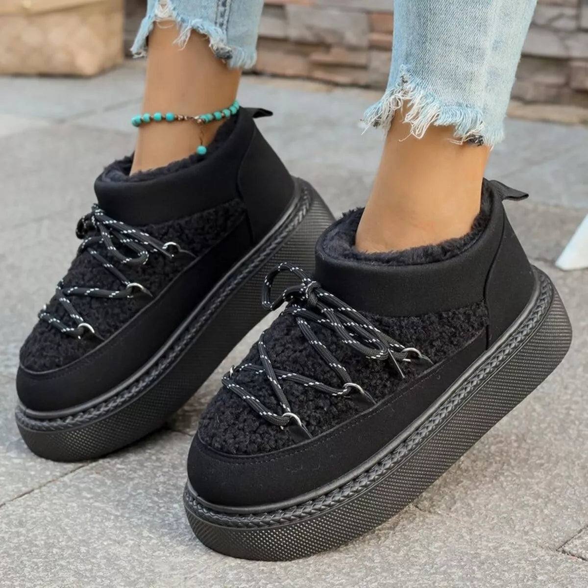 Cozy Plush Lined Lace-Up Platform Winter Boots
