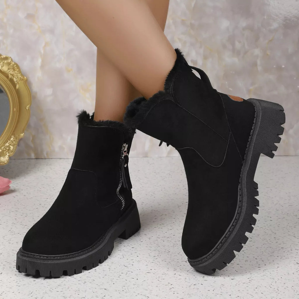 Fuzzy Lined Ankle Boots with Zipper