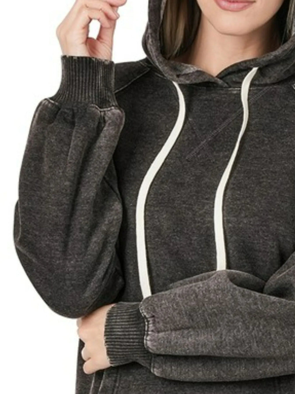 Zenana Acid Wash Fleece Hoodie with Drawstring