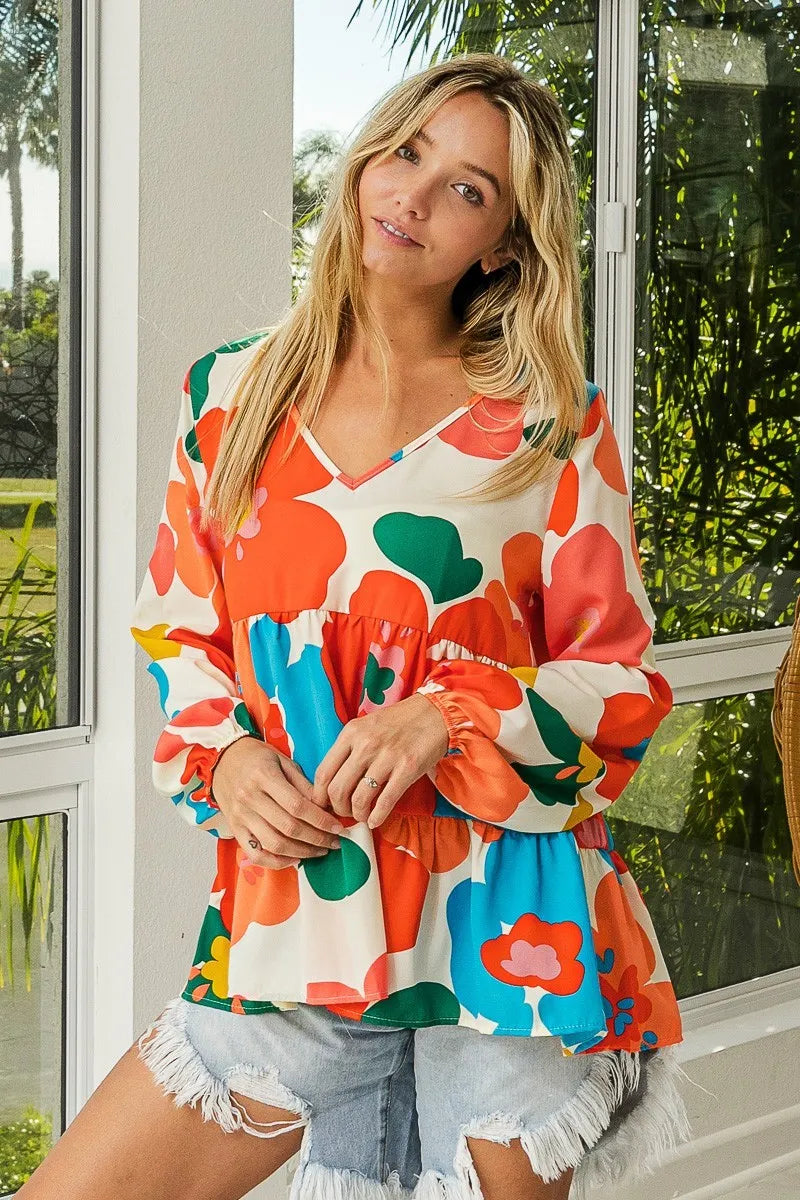 BiBi Floral Woven Tiered V Neck Top