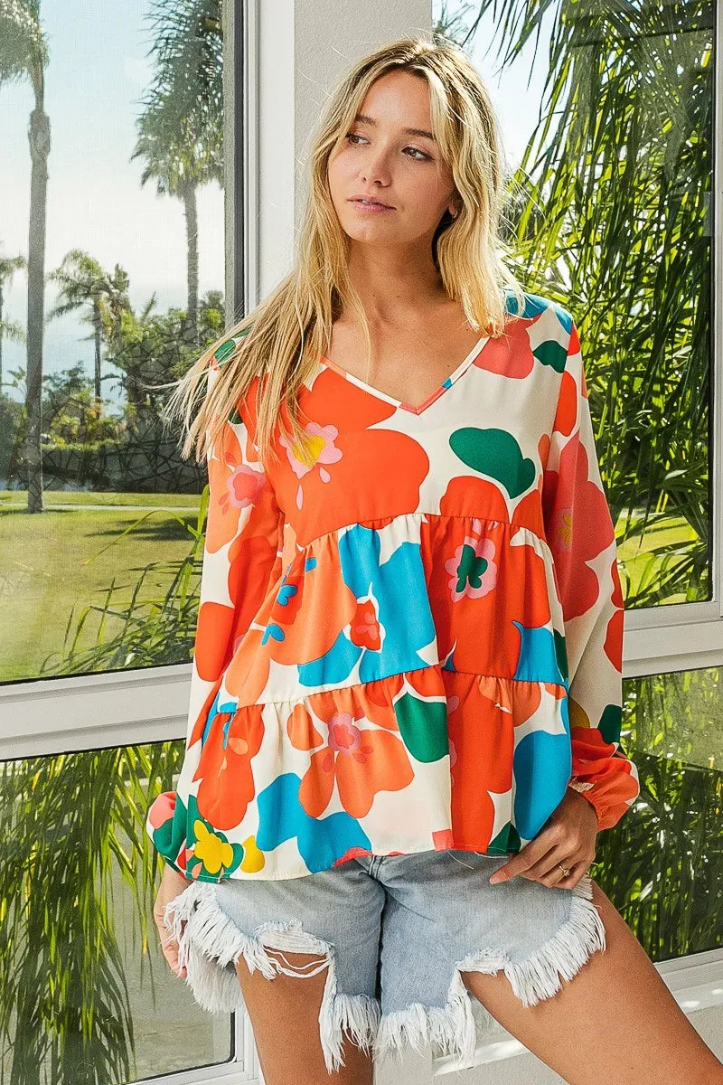BiBi Floral Woven Tiered V Neck Top