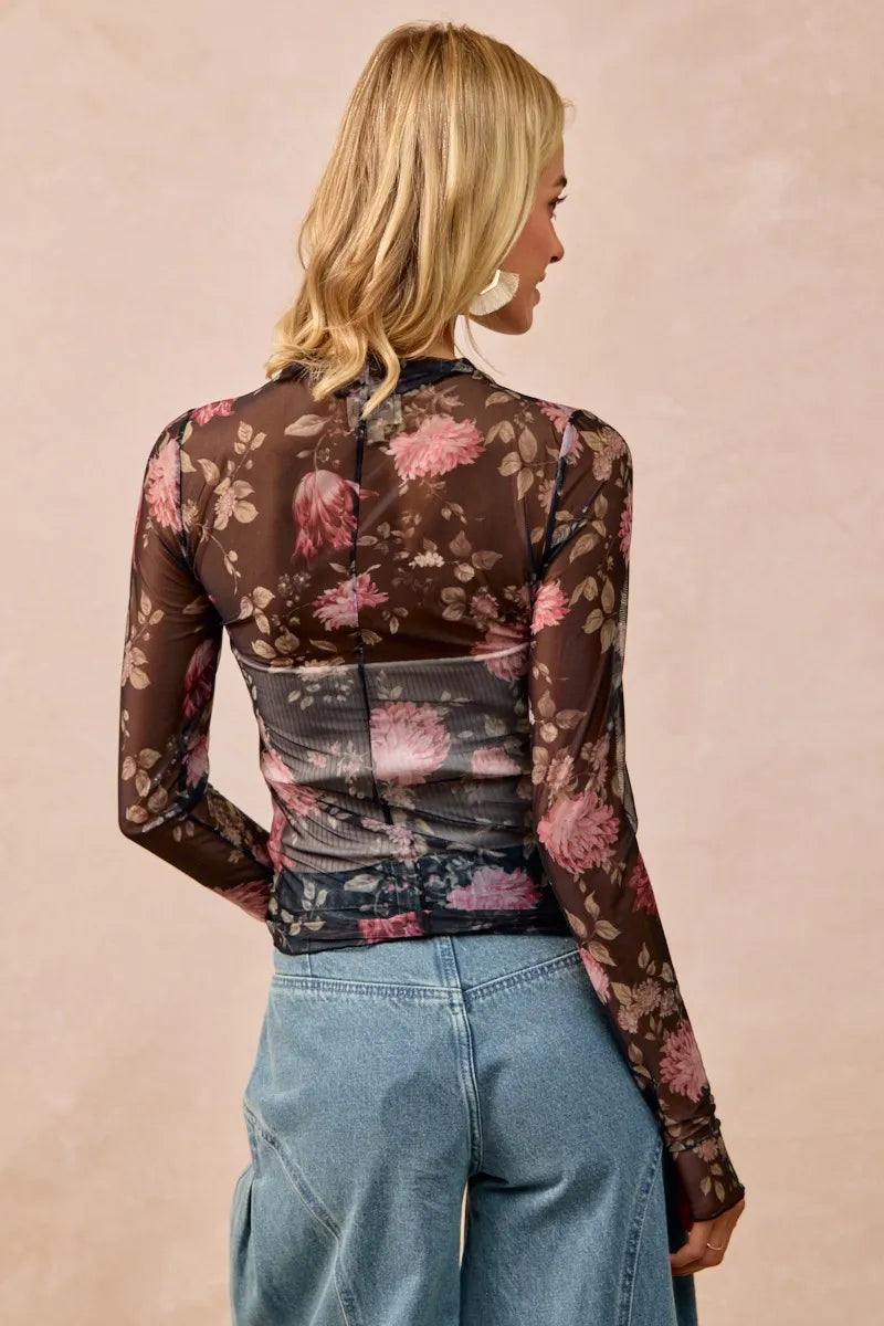BiBi Flower Printed Mesh Lace Top with Thumb Opening
