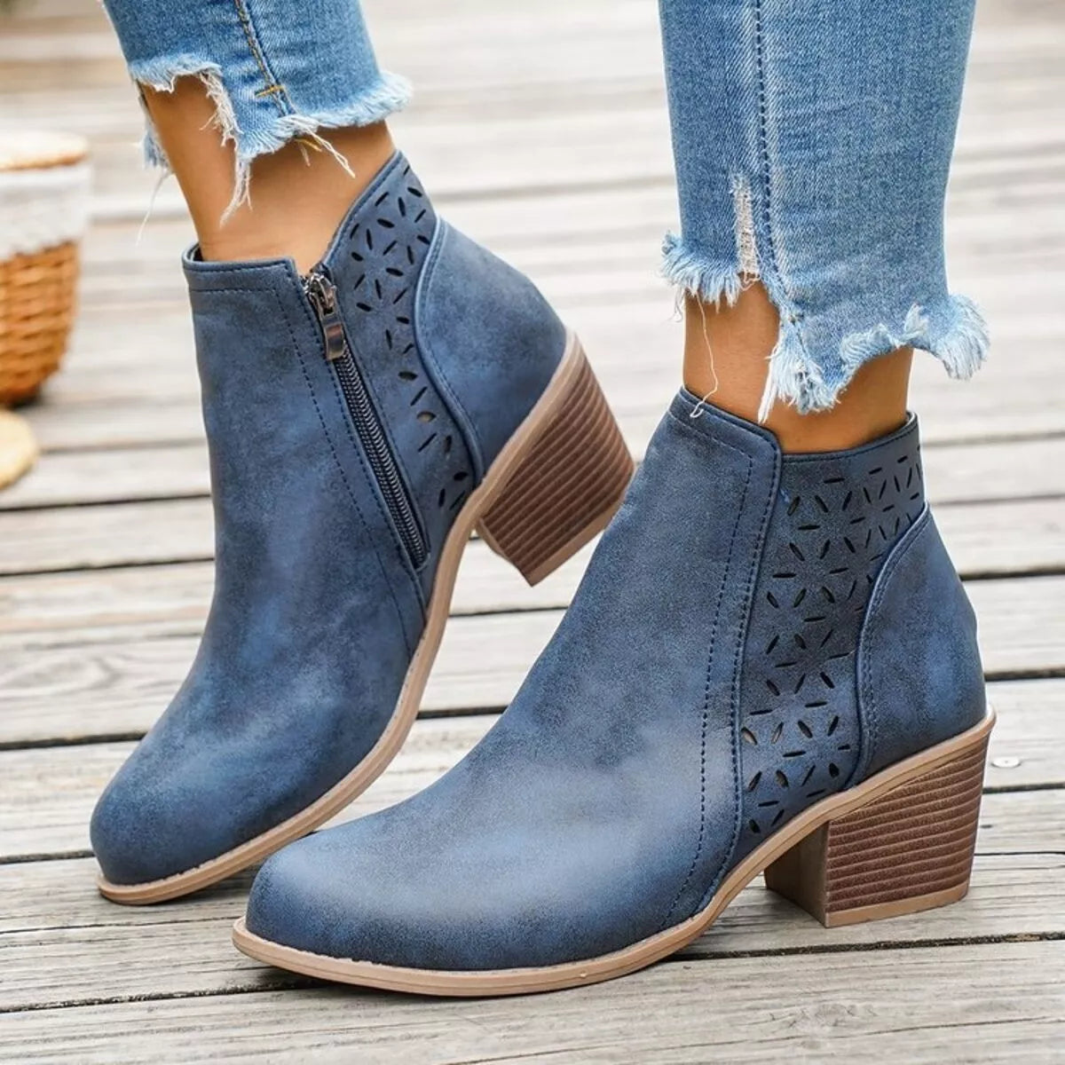 Block Heel Ankle Boots with Cutout Detail