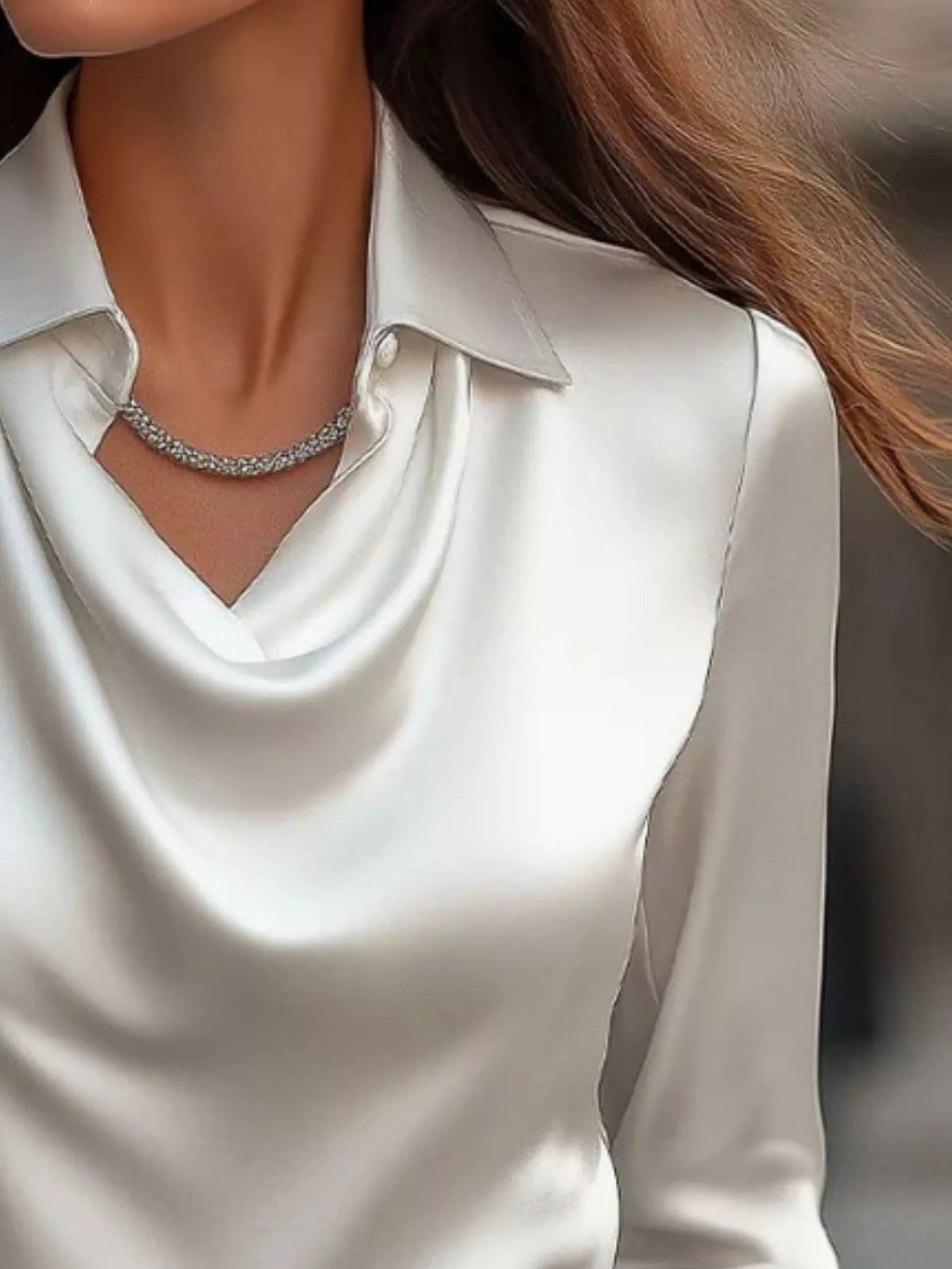 Ruched Long Sleeve Drape Collar Blouse