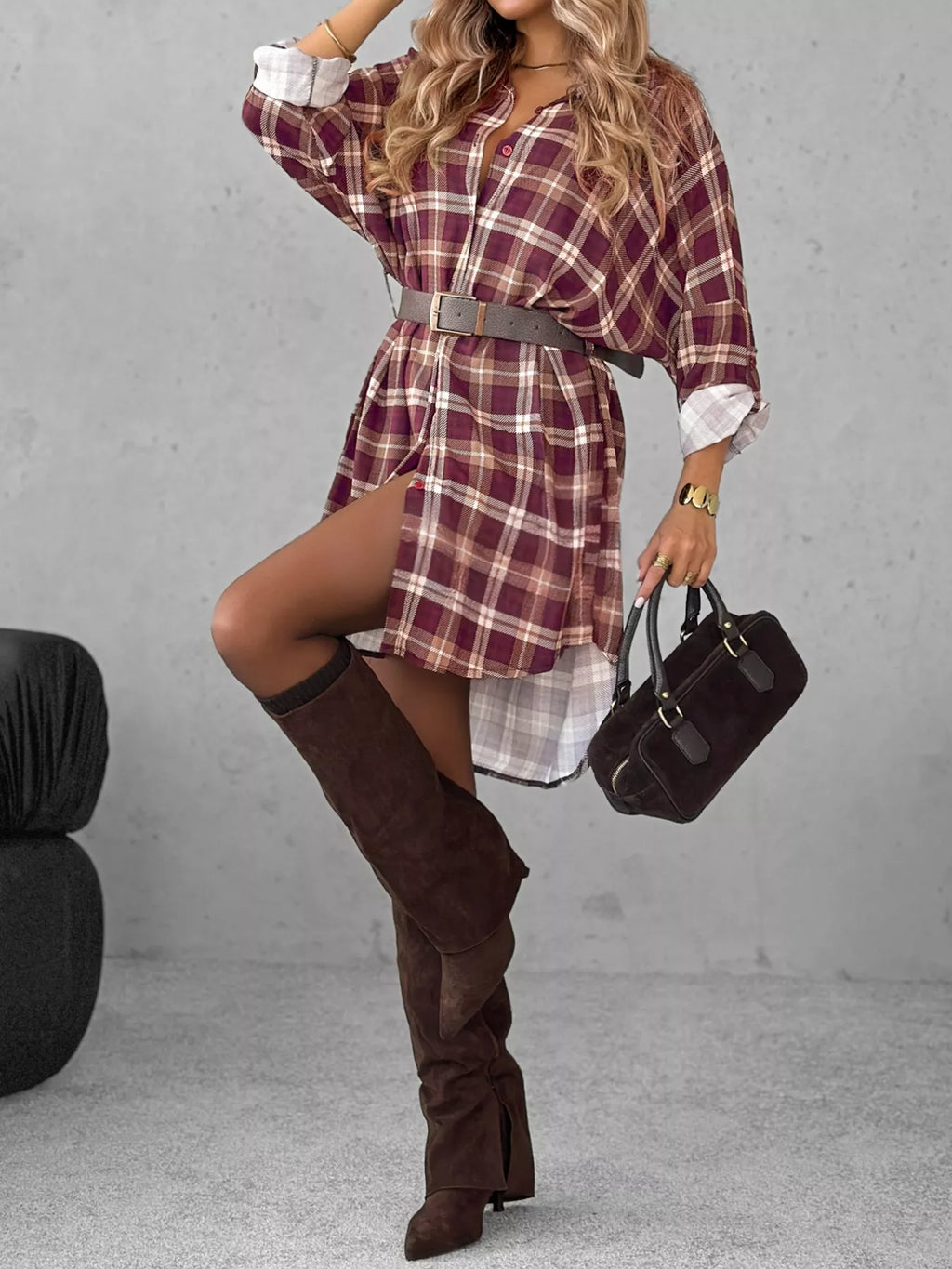 Plus Size Plaid Long Sleeve Mini Shirt Dress