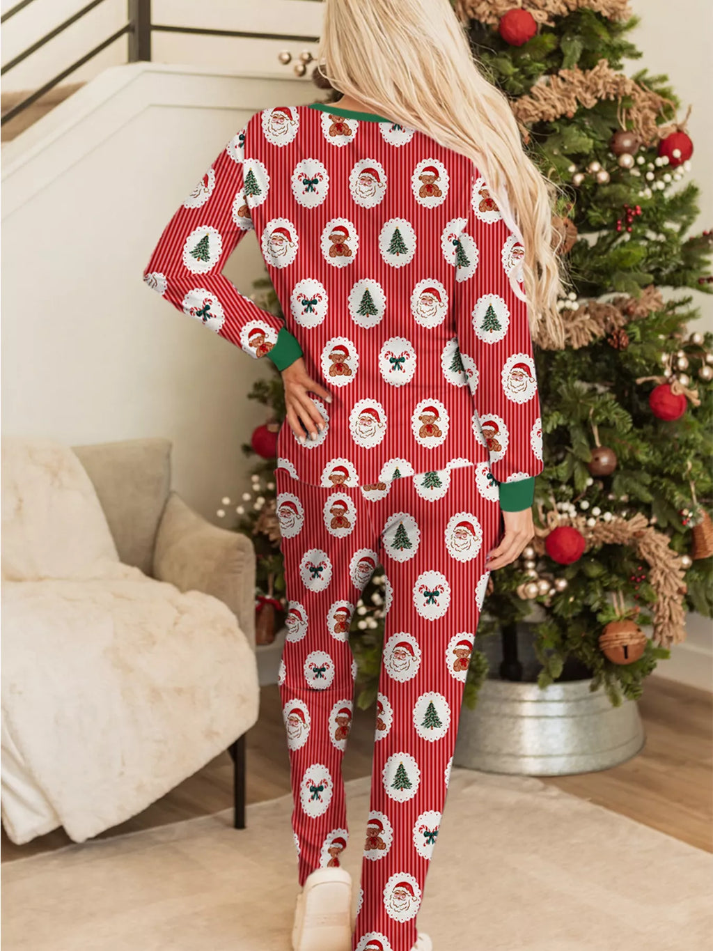 Stripe Christmas Print Henley V Neck Pullover and Pants Lounge Set