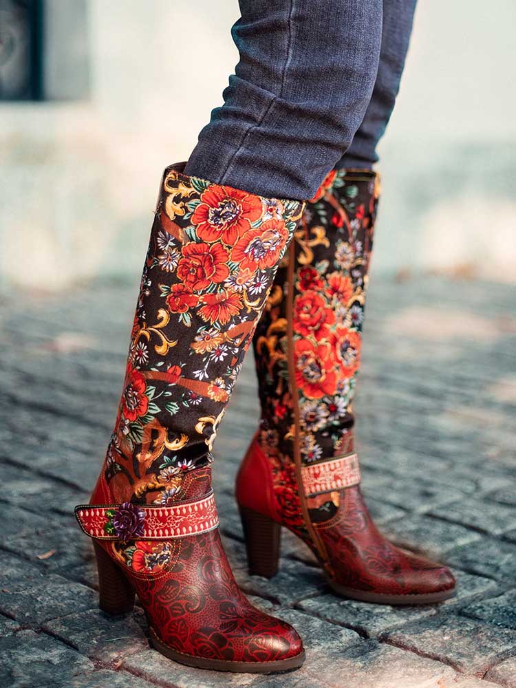 Handmade Floral Embossed Embroidery Elegant Boots