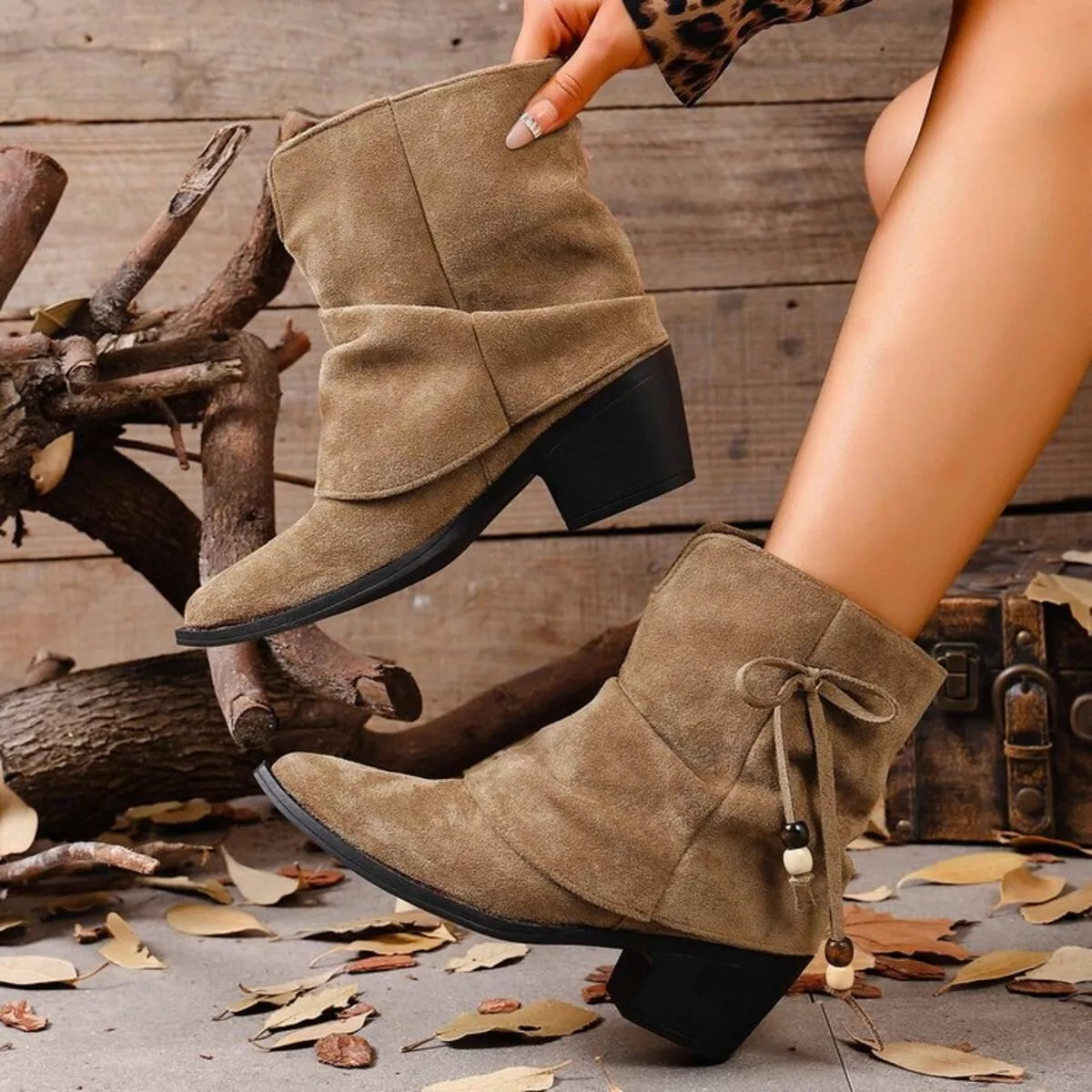 Suede Ankle Boots with Bow Accent
