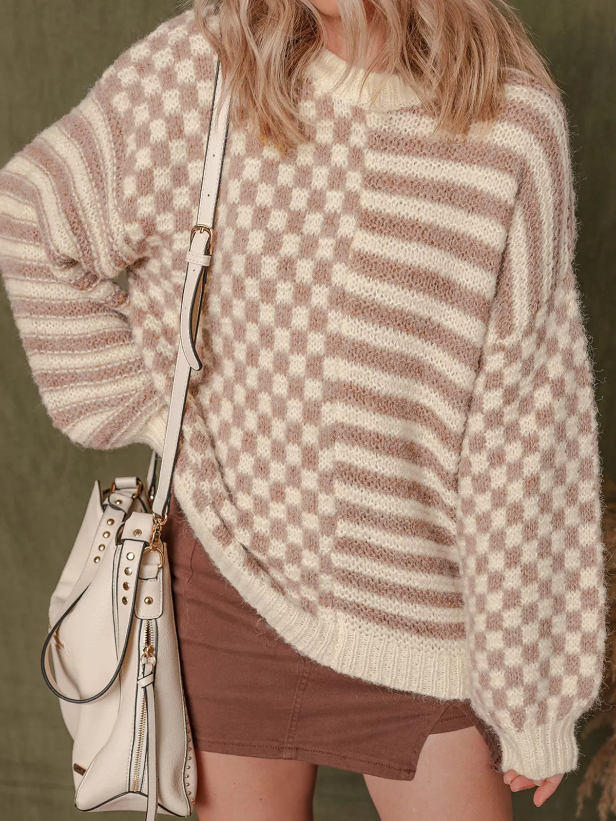 Checkerboard & Striped Pattern Knit Sweater