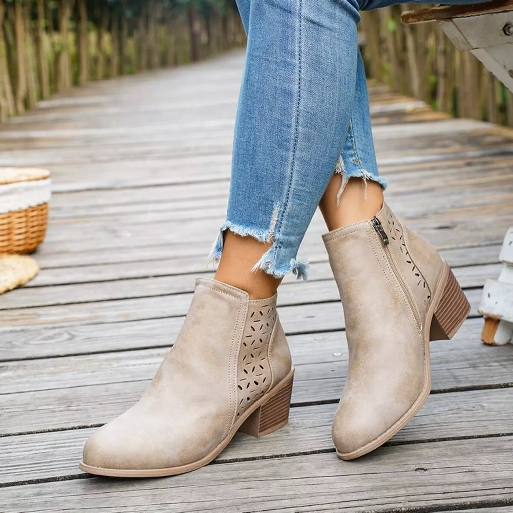 Block Heel Ankle Boots with Cutout Detail