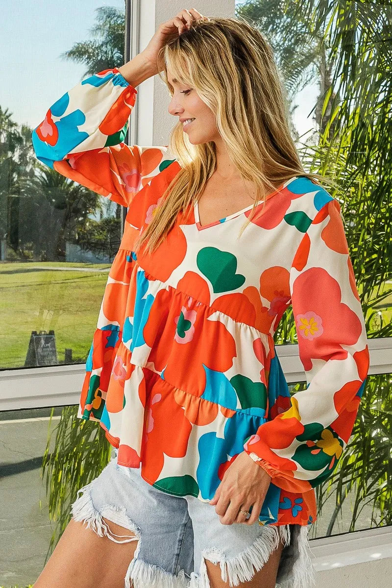 BiBi Floral Woven Tiered V Neck Top