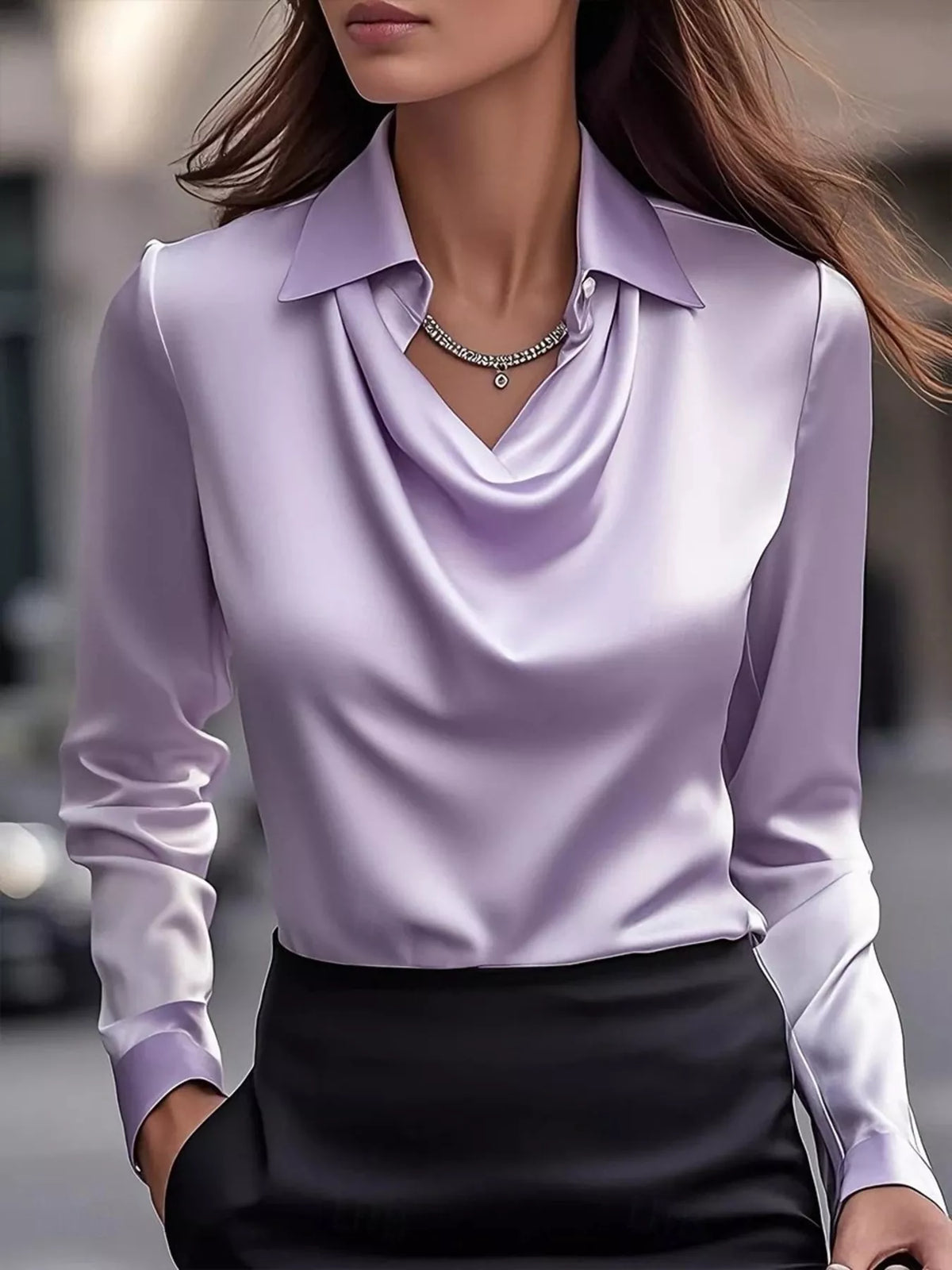 Ruched Long Sleeve Drape Collar Blouse