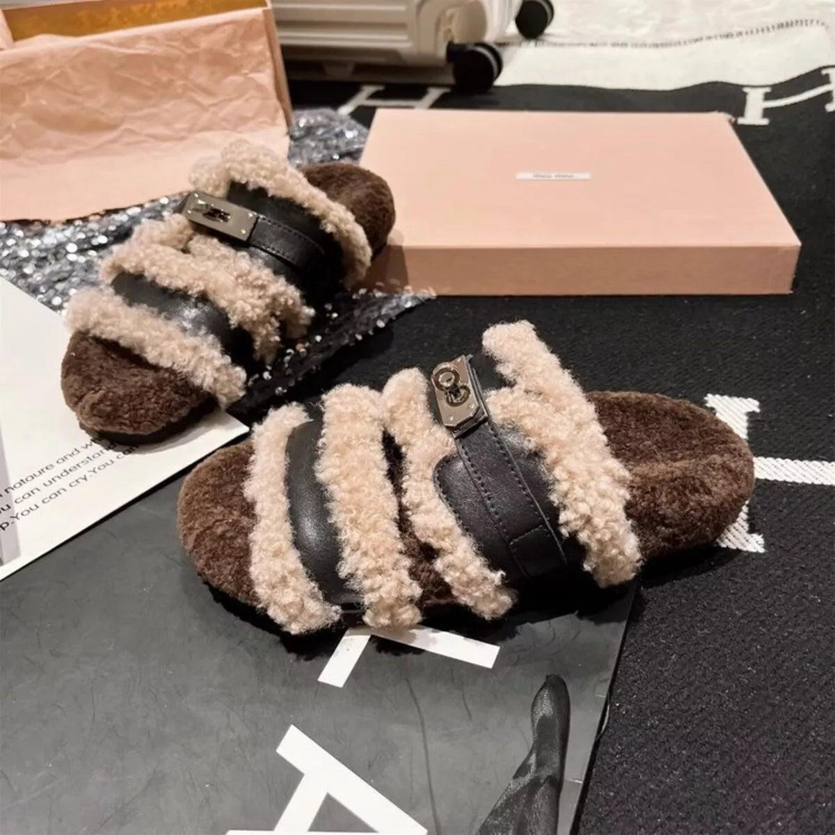 Fuzzy Buckle Accent Plush Slippers
