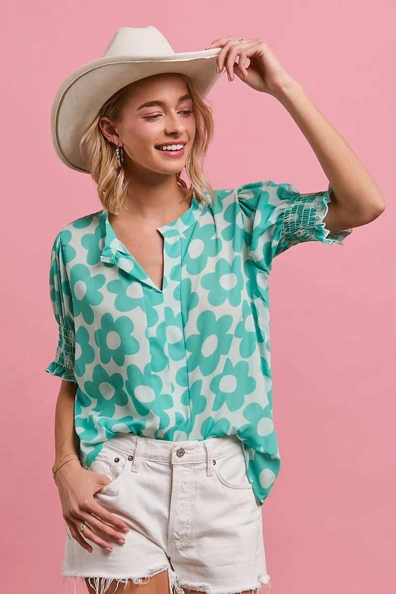 BiBi Flower Printed Woven Smocking Sleeves V Neck Top