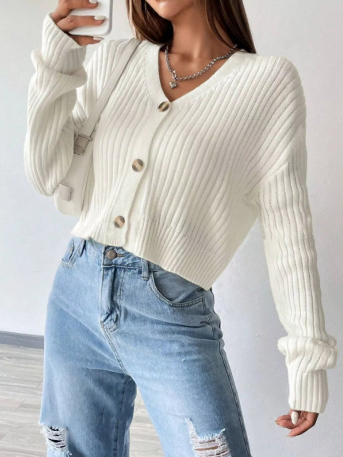 Ribbed Knit Button-Up Cropped Cardigan