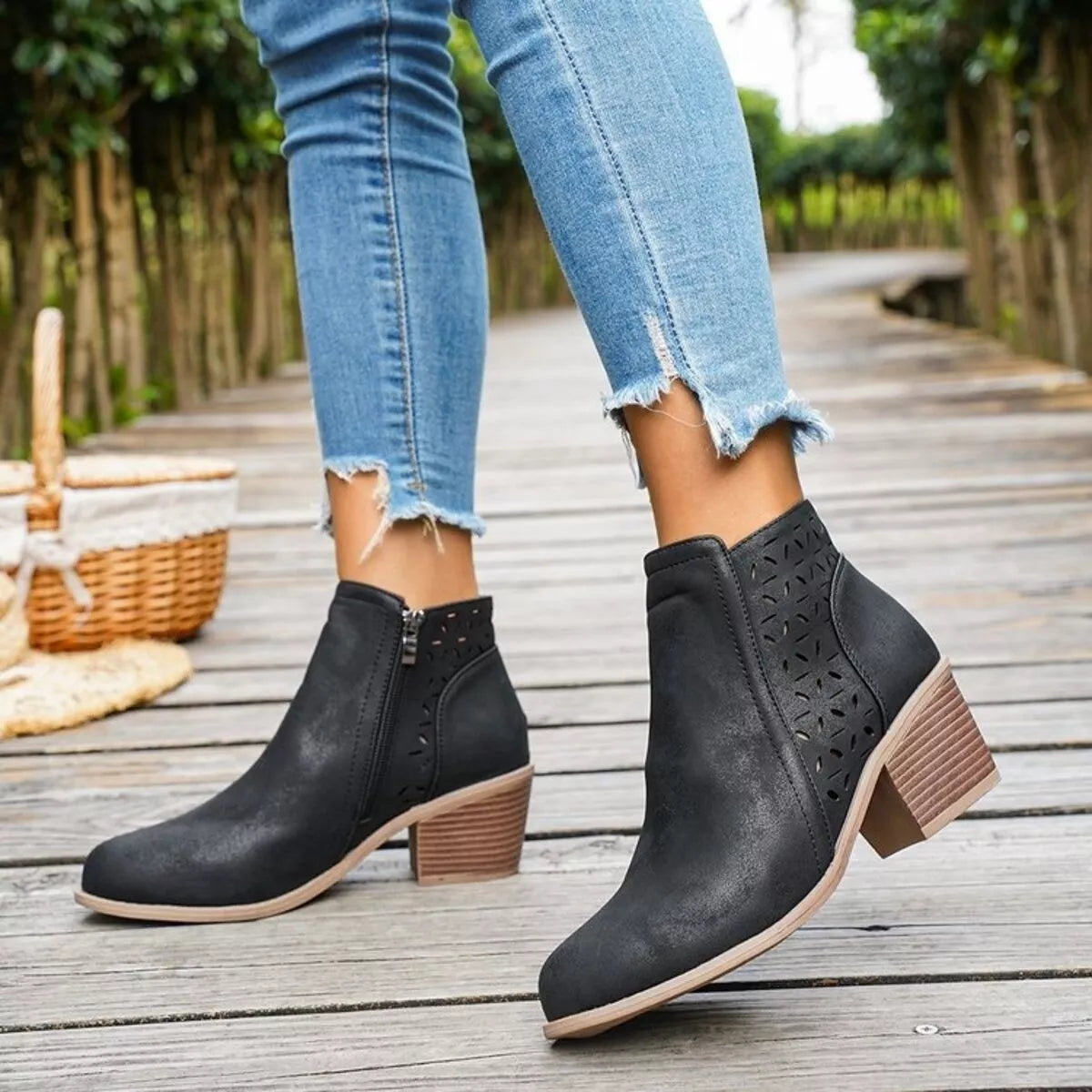 Block Heel Ankle Boots with Cutout Detail