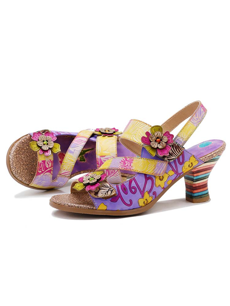 Handmade Leather Colored Stripe Heel Comfy Sandals