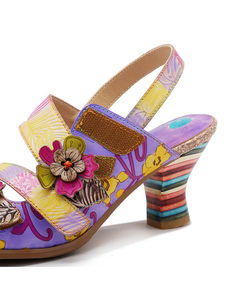 Handmade Leather Colored Stripe Heel Comfy Sandals