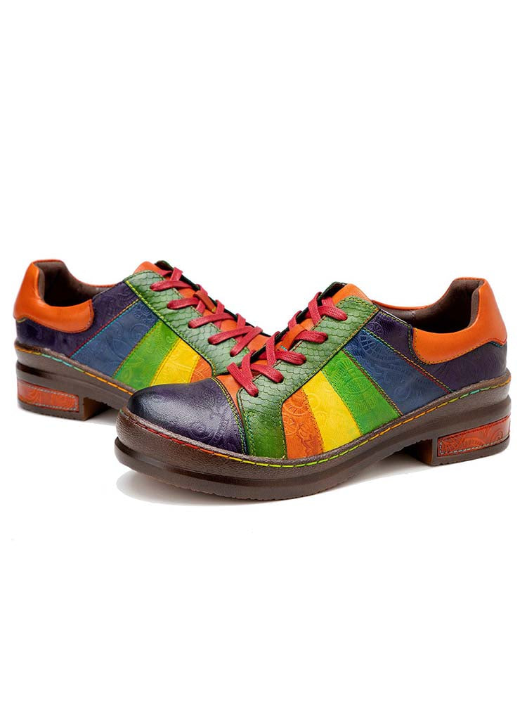 Casual Lace Up Loafers Shoes Women's Leather Comfy Flats