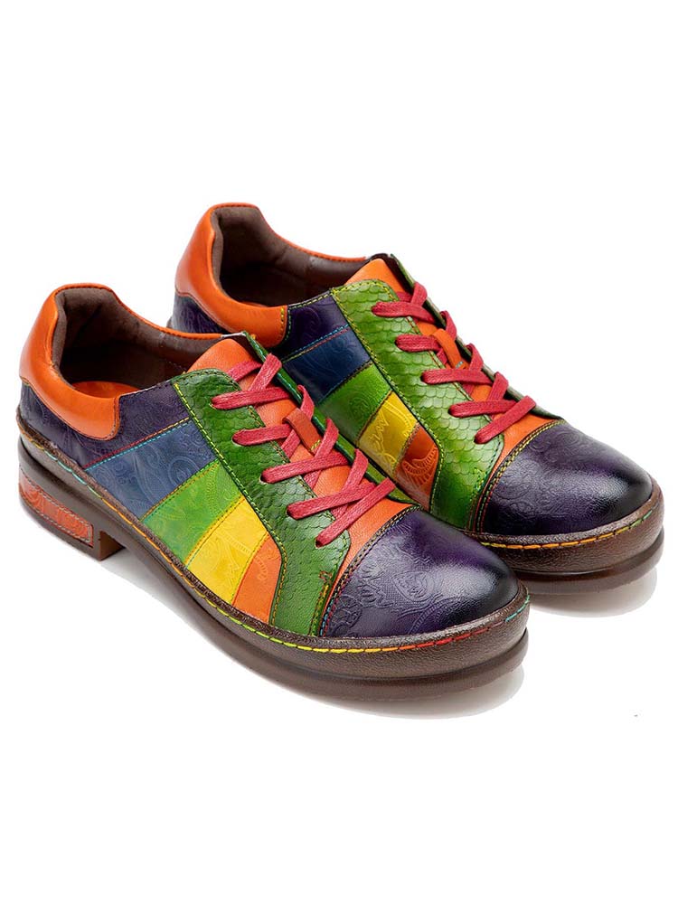 Casual Lace Up Loafers Shoes Women's Leather Comfy Flats