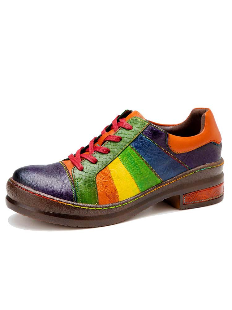 Casual Lace Up Loafers Shoes Women's Leather Comfy Flats