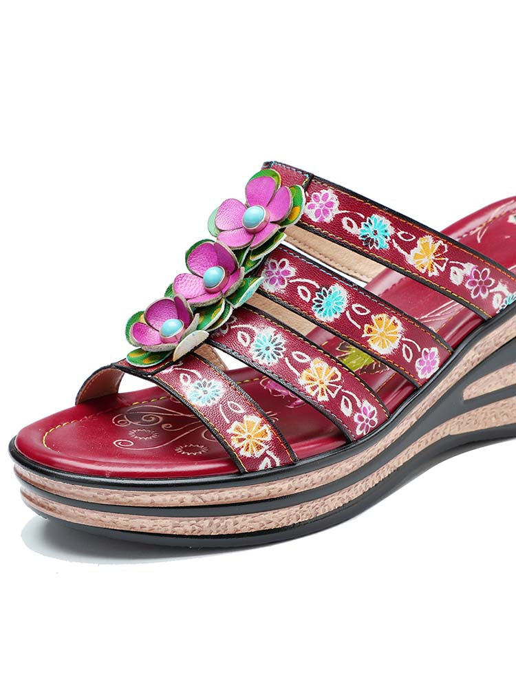 Triple Flowers Purle Wedge Slippers
