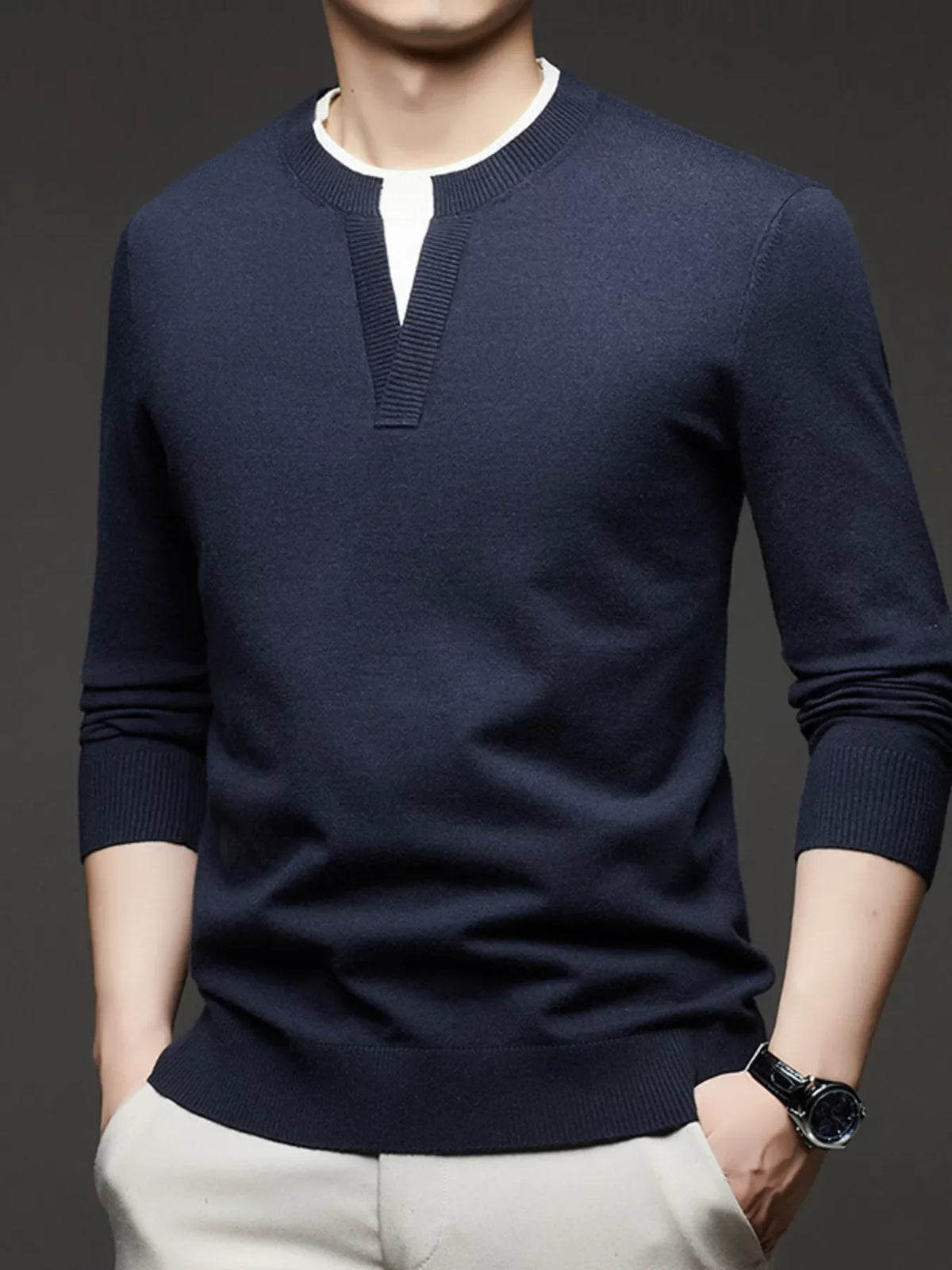 Men's Plus Size Two-Tone Long Sleeve Knit Top