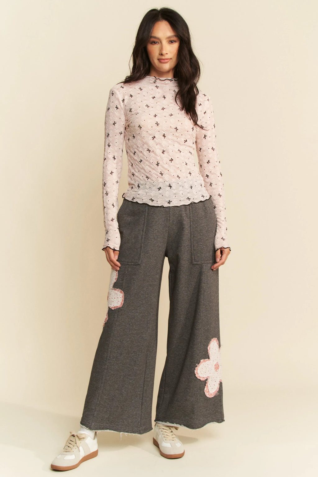 Davi & Dani Ribbon Bow Lace Hem Long Sleeve Mesh Layering Top