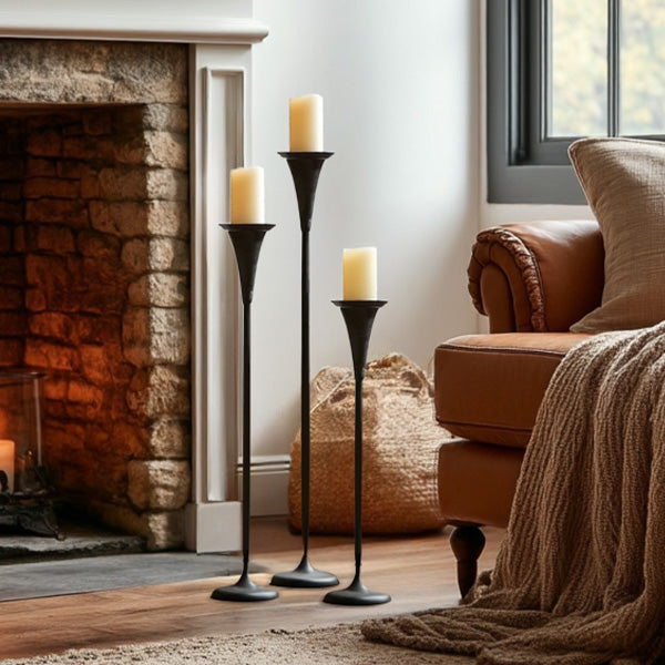 Tall Flared Black Iron Candle Holders, Set of 3