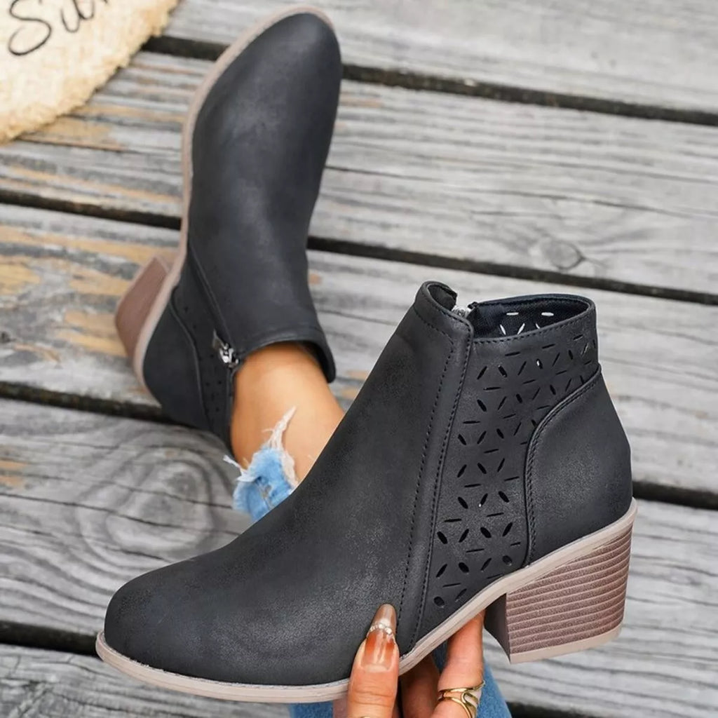 Block Heel Ankle Boots with Cutout Detail