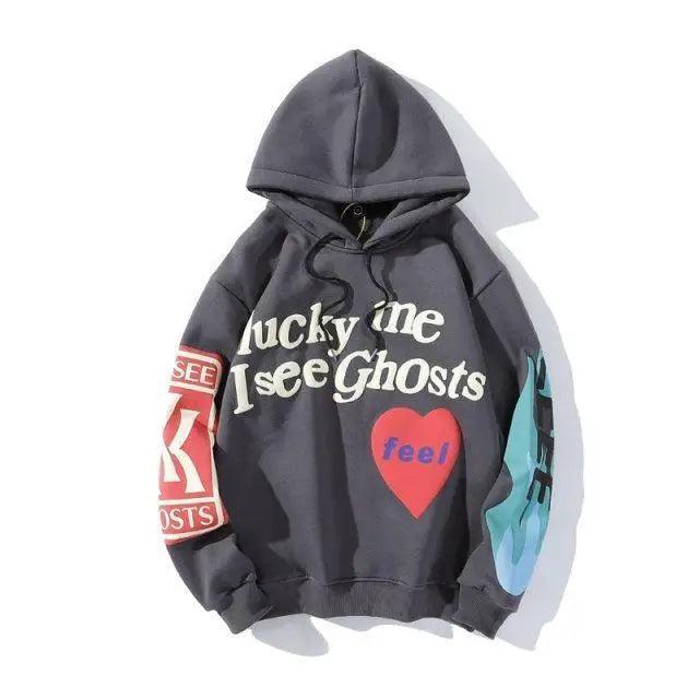 New Cool Printed Hoodies For Men Trendy Stylish Casual Wear For Winter Party Wear  Men Hooded Sweatshirts Lucky Me I See Ghosts Hoodie Hip Hop Street Rapper Unisex Couple Sweatshirt With Novelty Printing for Men Women