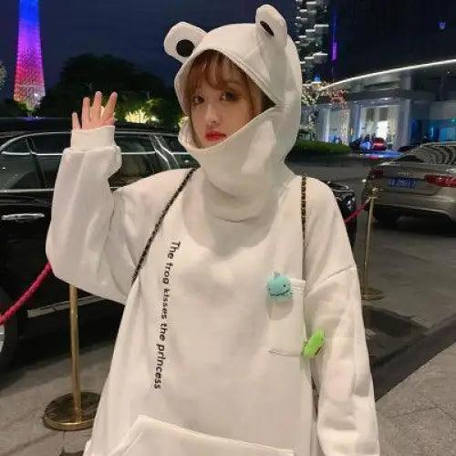 Women Hoodie Frog Pullover Winter Sense Hooded Casual Sweatshirts Autumn Embroidery Loose Hoodies Pullover Casual Creativity Sweatshirt Loose Solid Long Sleeve Tops With Pocket